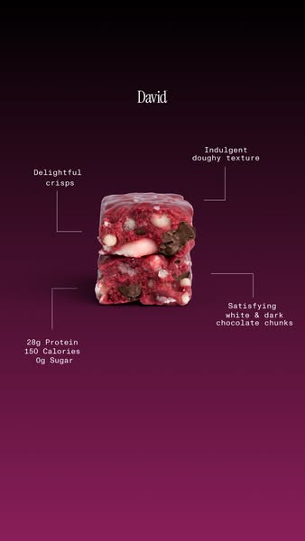 This ad showcases a protein bar from David's Cookies, highlighting its protein content, low calorie count, and flavo