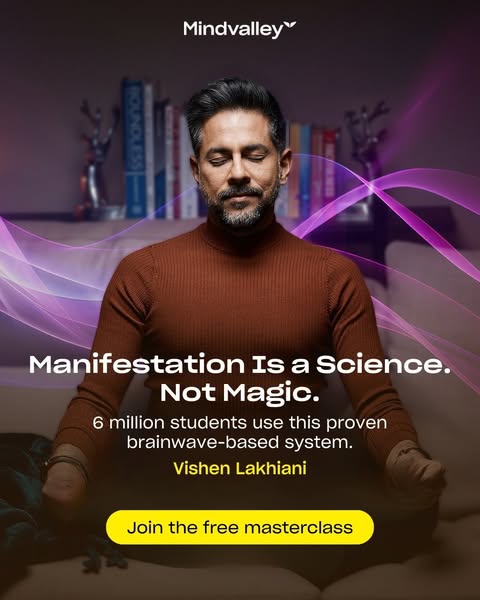 This image ad for Mindvalley aims to promote a free masterclass that uses a proven brainwave-based system by Vishen Lakh