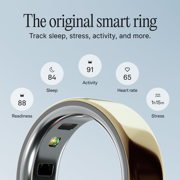 This ad promotes a smart ring. The ad shows the ring close up and highlights its features, including tracking sleep, str