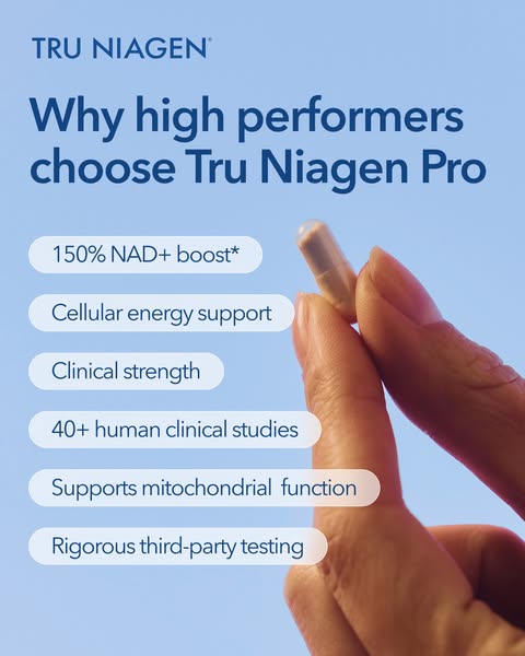 This image ad for Tru Niagen Pro aims to persuade "high performers" to try this supplement by listing its key 