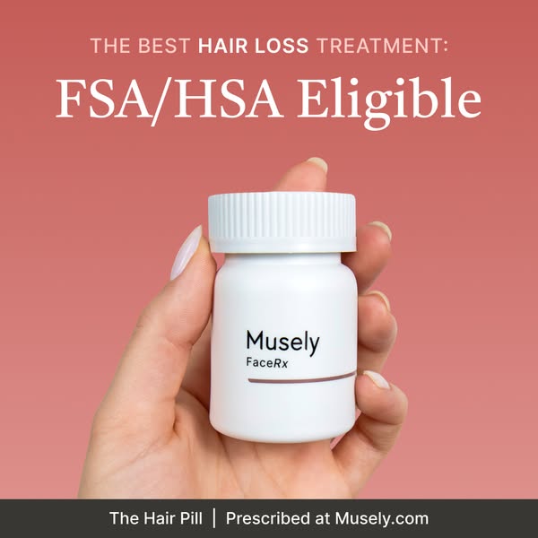 This image ad is promoting Musely's hair loss treatment pill, highlighting its FSA/HSA eligibility. The ad aims to a
