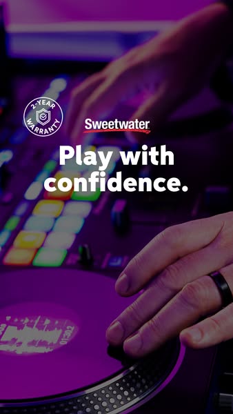 This ad for Sweetwater promotes the ability to 'Play with Confidence' due to a two-year warranty on equipment. T
