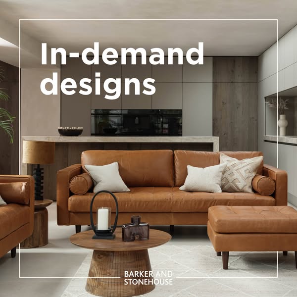 This image ad showcases a living room set from Barker and Stonehouse, emphasizing the brand's in-demand designs. The