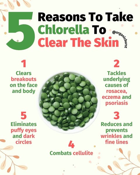 This image ad lists five reasons to take chlorella to clear skin. The benefits include clearing breakouts, tackling unde