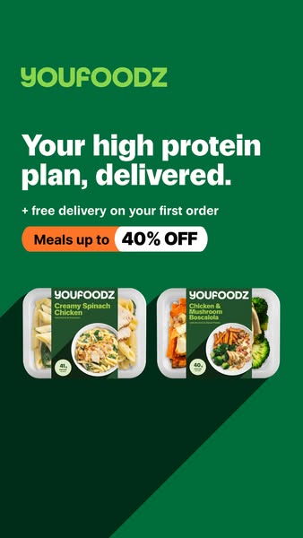 This ad promotes the Youfoodz brand, highlighting their high-protein meal plans. The ad features a promotional offer of 
