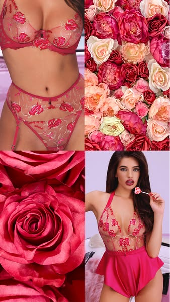 This ad uses a four-quadrant visual to showcase a lingerie product alongside flowers and a model in a matching teddy. Ea