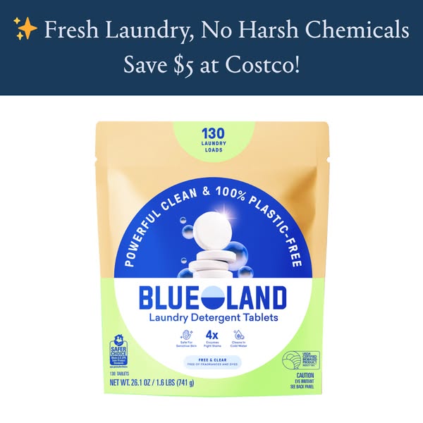 The image ad promotes Blueland Laundry Detergent Tablets, emphasizing their powerful cleaning capabilities, plastic-free