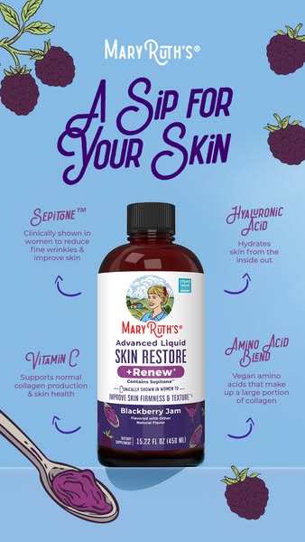 This ad promotes Mary Ruth's Advanced Liquid Skin Restore + Renew in Blackberry Jam flavor. It emphasizes the drink&
