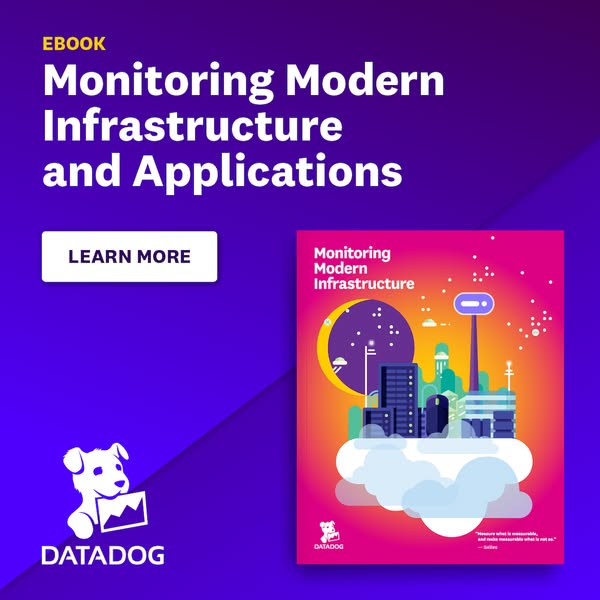 This ad promotes Datadog's ebook on monitoring modern infrastructure and applications. The ad features the ebook cov