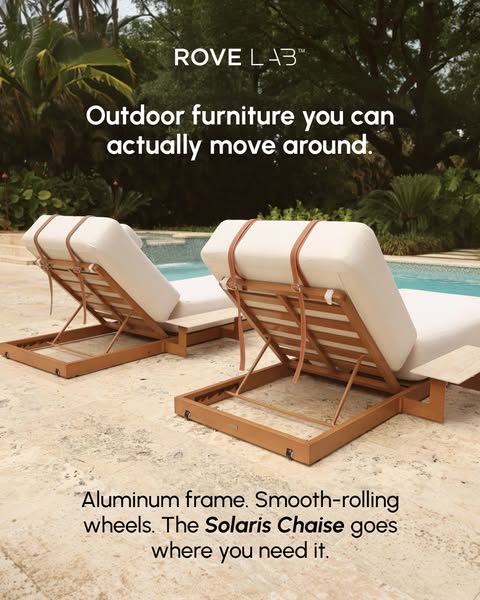 This ad showcases outdoor furniture, specifically a chaise lounge, highlighting its aluminum frame and smooth-rolling wh
