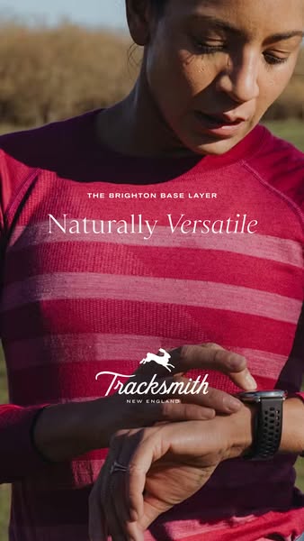 This ad focuses on Tracksmith's Brighton Base Layer, highlighting its natural versatility through a lifestyle shot o
