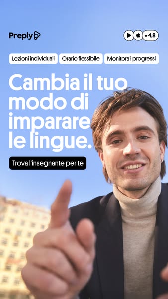 This ad for Preply features a man looking directly at the viewer and pointing at the camera. The ad highlights the featu