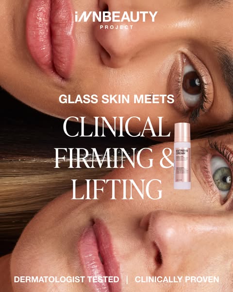 This ad showcases the InnBeauty Project's Extreme Cream, emphasizing its clinical firming and lifting benefits for a
