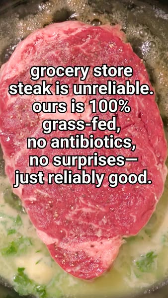 The ad highlights the unreliability of grocery store steak and provides a solution: 100% grass-fed steak with no antibio