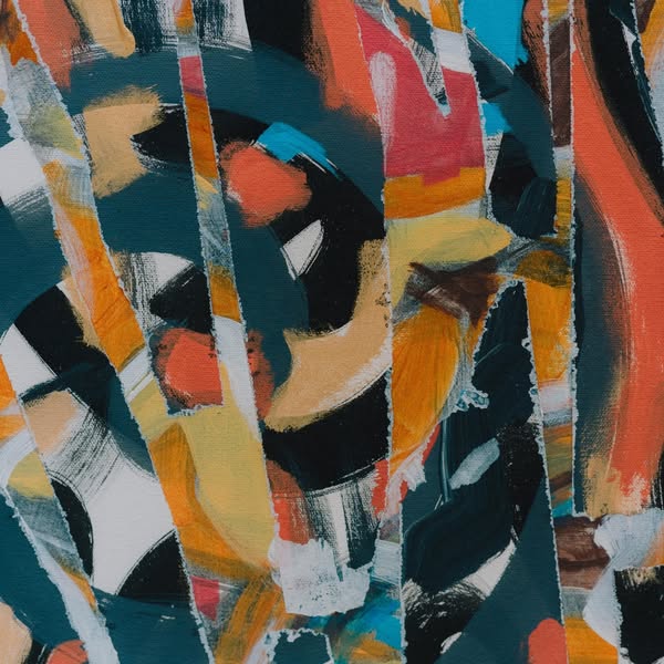 This ad features an image of abstract art with streaks of orange, red, yellow, black, and blue paint on a teal and white