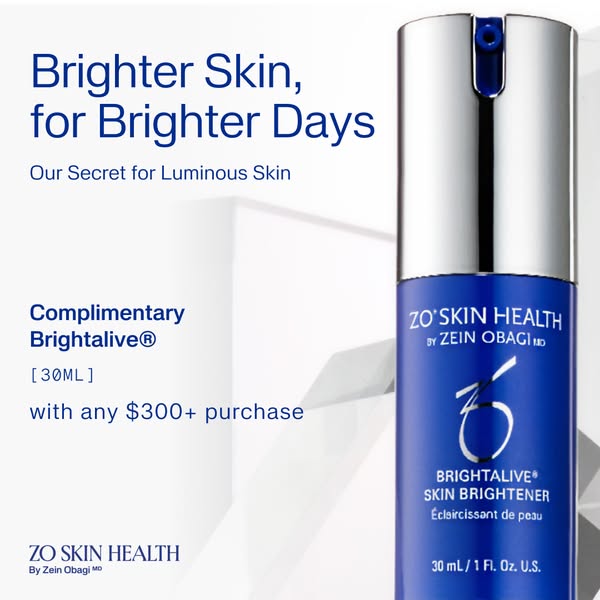 Ad for ZO Skin Health Brightalive Skin Brightener promoting brighter skin with a complimentary bottle when customers pur
