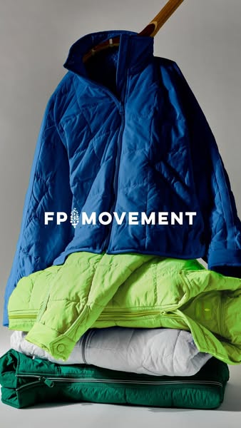 The ad features four FP Movement quilted jackets, stacked on top of one another. The ad is promoting the brand and produ