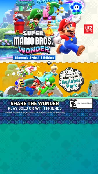 This image ad for Super Mario Bros. Wonder features Mario and other characters from the game and is meant to be played s