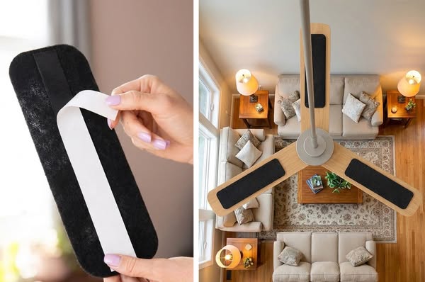 The ad shows a dust cleaning product that is adhered to a ceiling fan to make cleaning easier. The ad is split into two