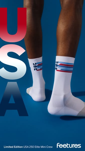 This ad showcases the Feeture's Limited Edition USA 250 Elite Mini Crew socks. The ad features a close-up shot of a 