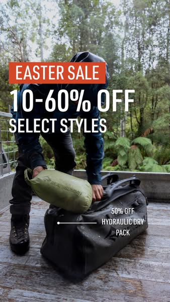 This image ad promotes an Easter sale with 10-60% off select styles and 50% off the Hydraulic Dry Pack.