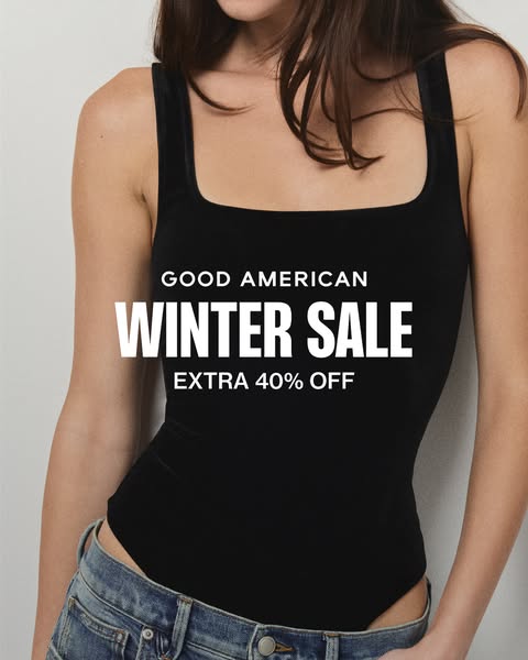 This ad features a Good American Winter Sale with an extra 40% off. The focal point of the ad is on the black-colored Go