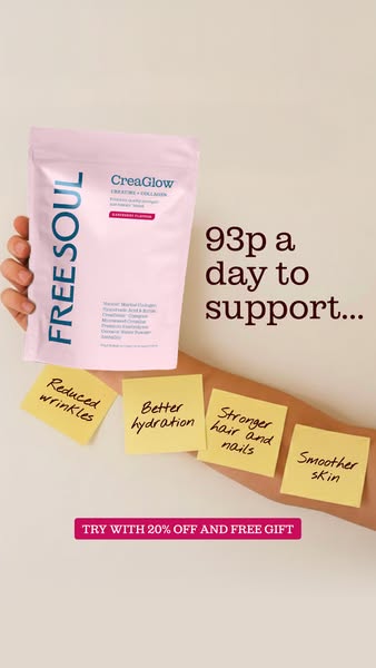 The ad promotes Free Soul's CreaGlow supplement. It highlights the product's value by listing its price per day 