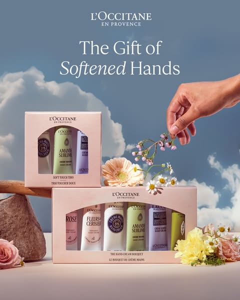 The ad features the brand L'Occitane and promotes their hand creams with the tagline "The Gift of Softened Hand