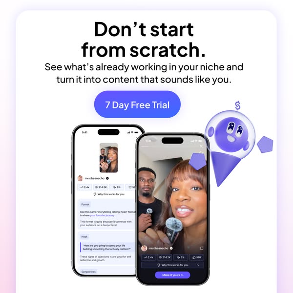 The ad promotes a platform that helps users create content that sounds like them by seeing what is already working in th