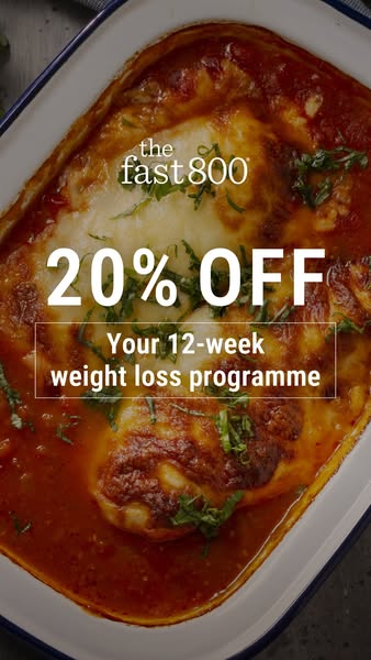 This image ad for The Fast 800 promotes their 12-week weight loss programme by offering 20% off. The ad features a close