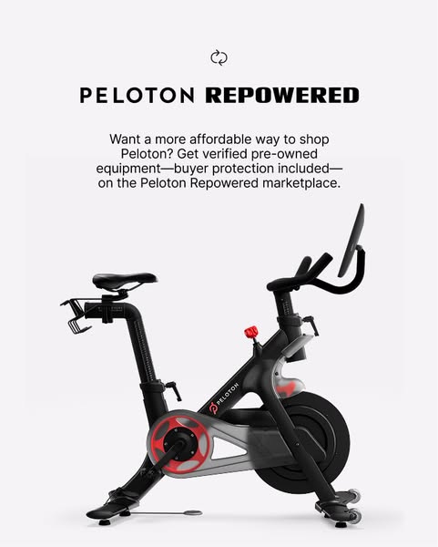 This ad showcases Peloton's re-powered program, which provides affordable pre-owned exercise equipment, complete wit
