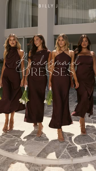This ad showcases several women modeling full-length bridesmaid dresses in an outdoor setting.