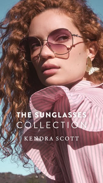 This is an image ad for Kendra Scott sunglasses. The ad features a model wearing sunglasses from the collection, with th