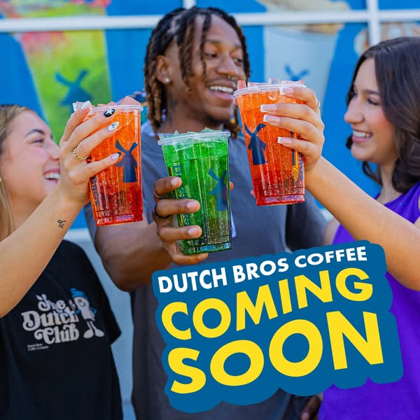 This ad features three young adults holding up Dutch Bros drinks in front of a Dutch Bros location. The ad is announcing