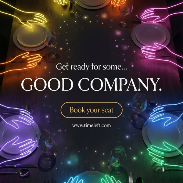 This image ad promotes Timeleft, a service that helps people book seats for social gatherings. The ad features a dark, m