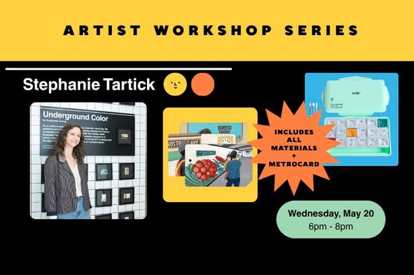This image ad promotes an artist workshop series by Stephanie Tartick. The ad features a photo of Stephanie Tartick, ima