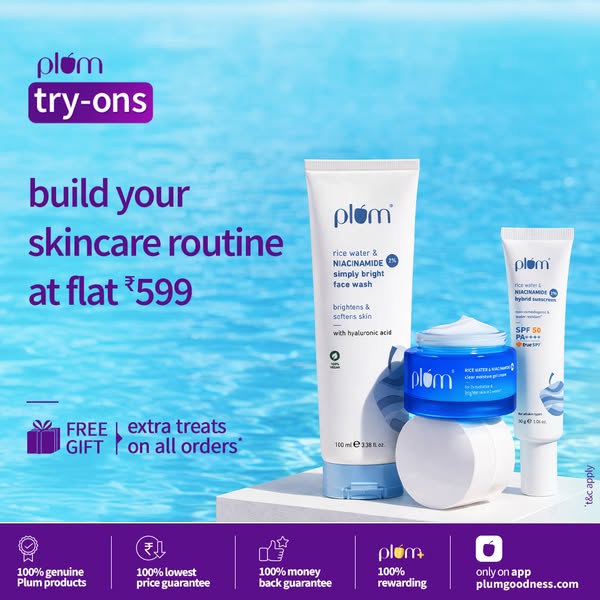 This image ad promotes Plum's skincare products, offering a skincare routine at a flat price of ₹599. The ad feature