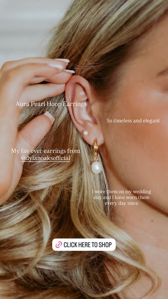 Image ad for Aura Pearl Hoop Earrings, featuring a customer's testimonial about wearing them on her wedding day and 