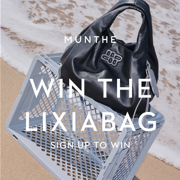 This ad promotes a sweepstakes for a Munthe Lixiabag. The visual features the Munthe Lixiabag on top of a gray crate on 