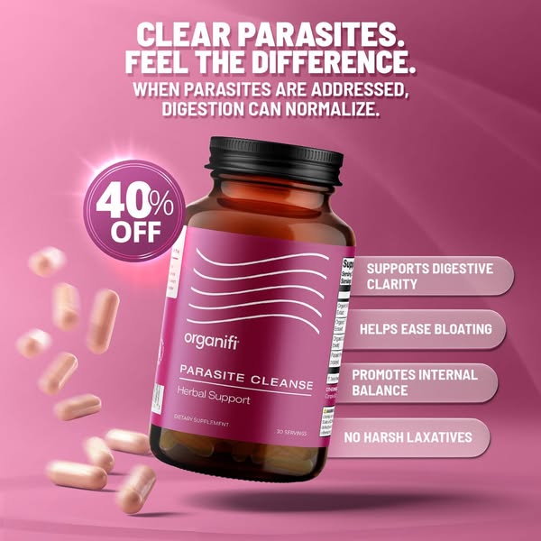 This image ad for Organifi's Parasite Cleanse supplement emphasizes digestive health and wellbeing by focusing on it