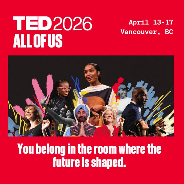 This image ad promotes TED2026 ALL OF US, taking place April 13-17 in Vancouver, BC. The ad features a collage of divers