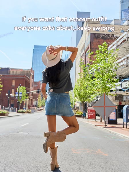 This ad features a woman wearing a concert outfit and encourages viewers to keep swiping to view more outfits.