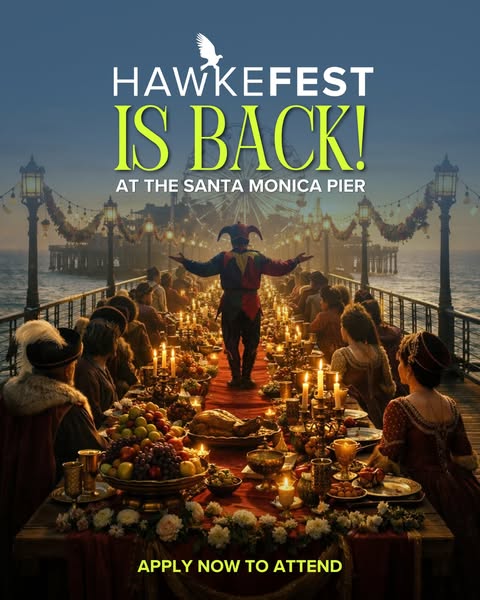 An ad promoting the return of HawkeFest at the Santa Monica Pier. It shows a large renaissance-style feast with a man in