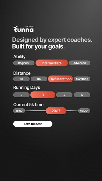 This ad for Runna by Strava presents an interactive quiz format, inviting users to assess their running ability, distanc