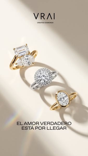 An elegant product advertisement with three engagement rings. The headline is in Spanish.