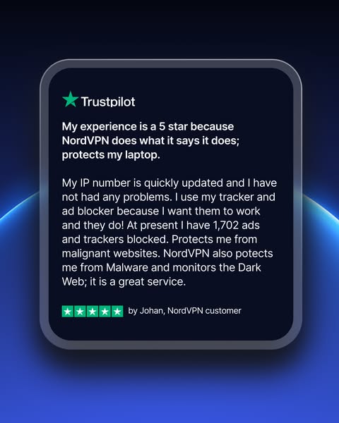 The ad uses a customer testimonial framed in a rounded box to promote NordVPN, highlighting its effectiveness in protect