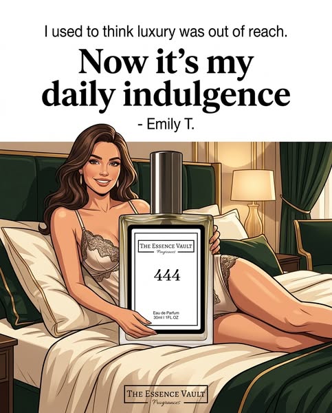 This ad features a testimonial from Emily T. about The Essence Vault fragrance. According to Emily, she used to think lu