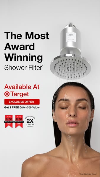 This ad promotes a shower filter by touting its award-winning status and current offer of two free gifts, all while show