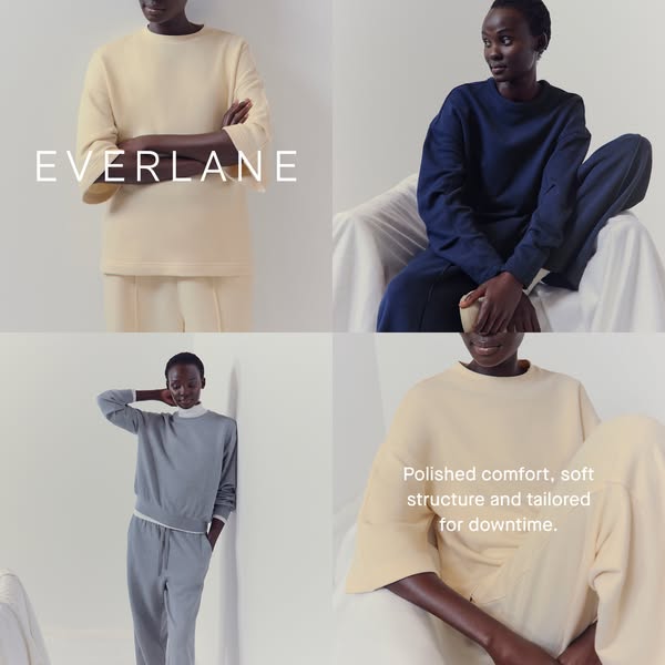 This ad showcases a monochromatic loungewear set from Everlane, emphasizing its polished comfort and soft structure idea