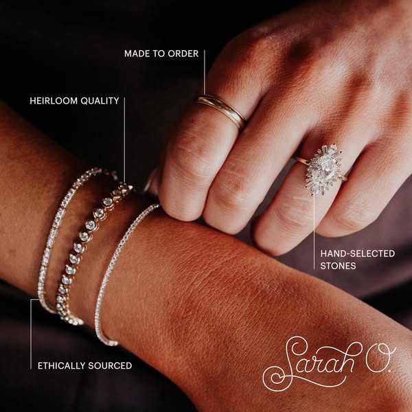 This ad showcases jewelry with a focus on the design and ethical sourcing of the materials.